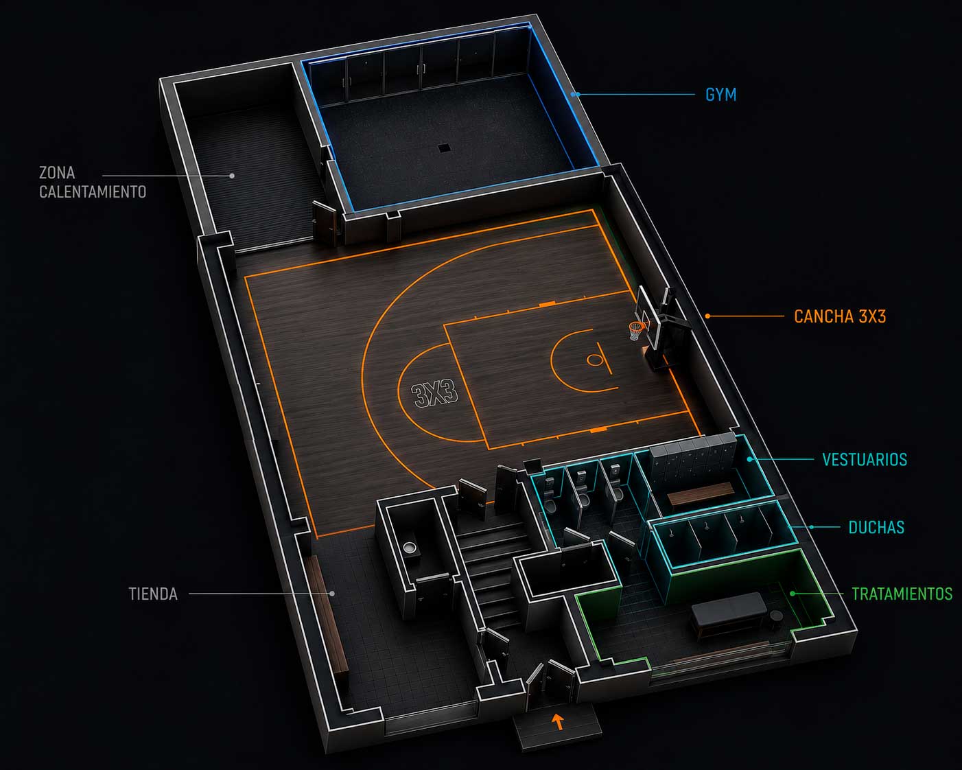 Plano isométrico de la sede PBL en Berna 13: gimnasio, pista 3x3, vestuarios, sala de tratamiento, escaleras, entrada y tienda.